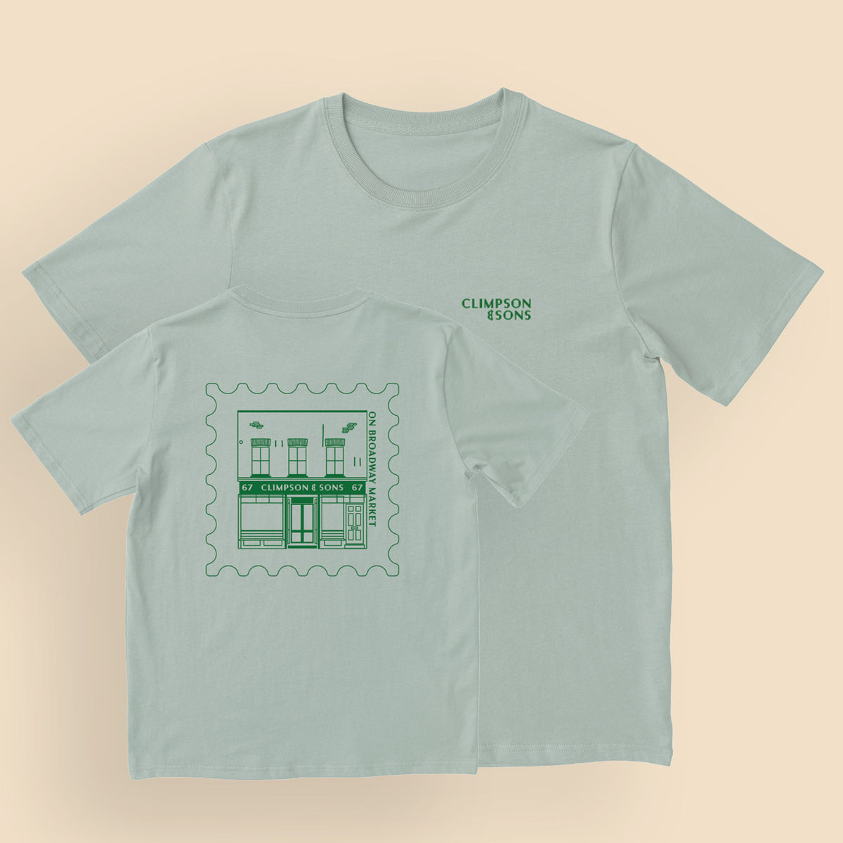 Climpson & Sons Broadway Market t-shirt in Aloe green, with a stamp-style illustration of the 67 Broadway Market café on the back