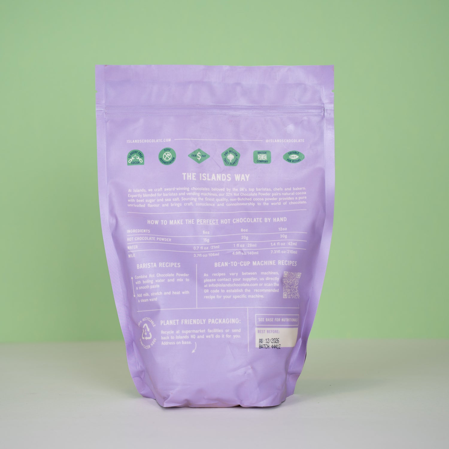 Back of purple bag for hot chocolate